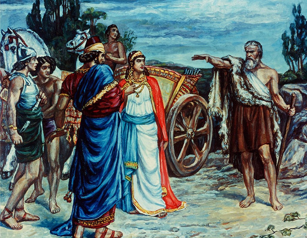 Queen Jezebe and King Ahab meet Elijah.