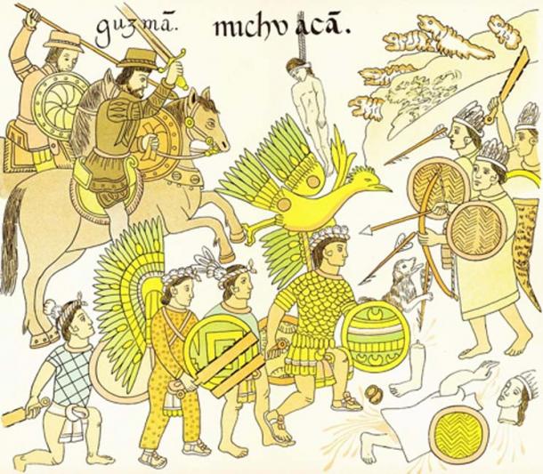 Aztecs fighting with obsidian paddles.